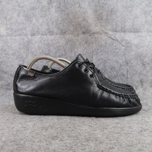 Sas Shoes Womens 9 Bounce Lace Up Moc Comfort Classic Leather Black Career Wedge - Picture 2 of 15